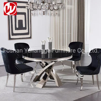 Elegant Design Dining Room Furniture Black Glass Stainless Steel Round Dining Table with Banquet Dining Chairs