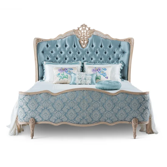 French Antique Bedroom Furniture Soild Ash Wood Carved Upholstered Blue Fabric King Size Royal Wedding Bed Frame