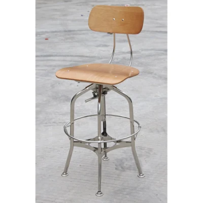 Chrome Steel Frame Base with Antique Plywood Sear and Back Bar Chair