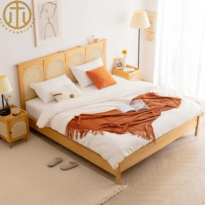Chinese Retro Simple Rattan Solid Wood Bed for Bedroom